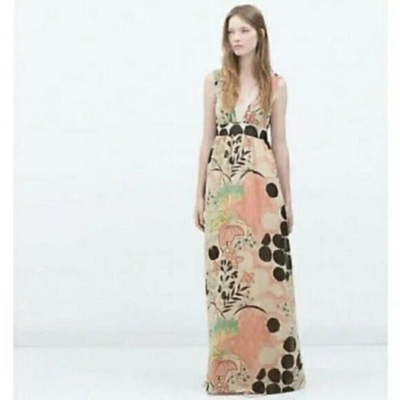 Zara Floral Halter Maxi Dress V-neck Empire Waist Open Back Tank Top Boho XS - Picture 14 of 15
